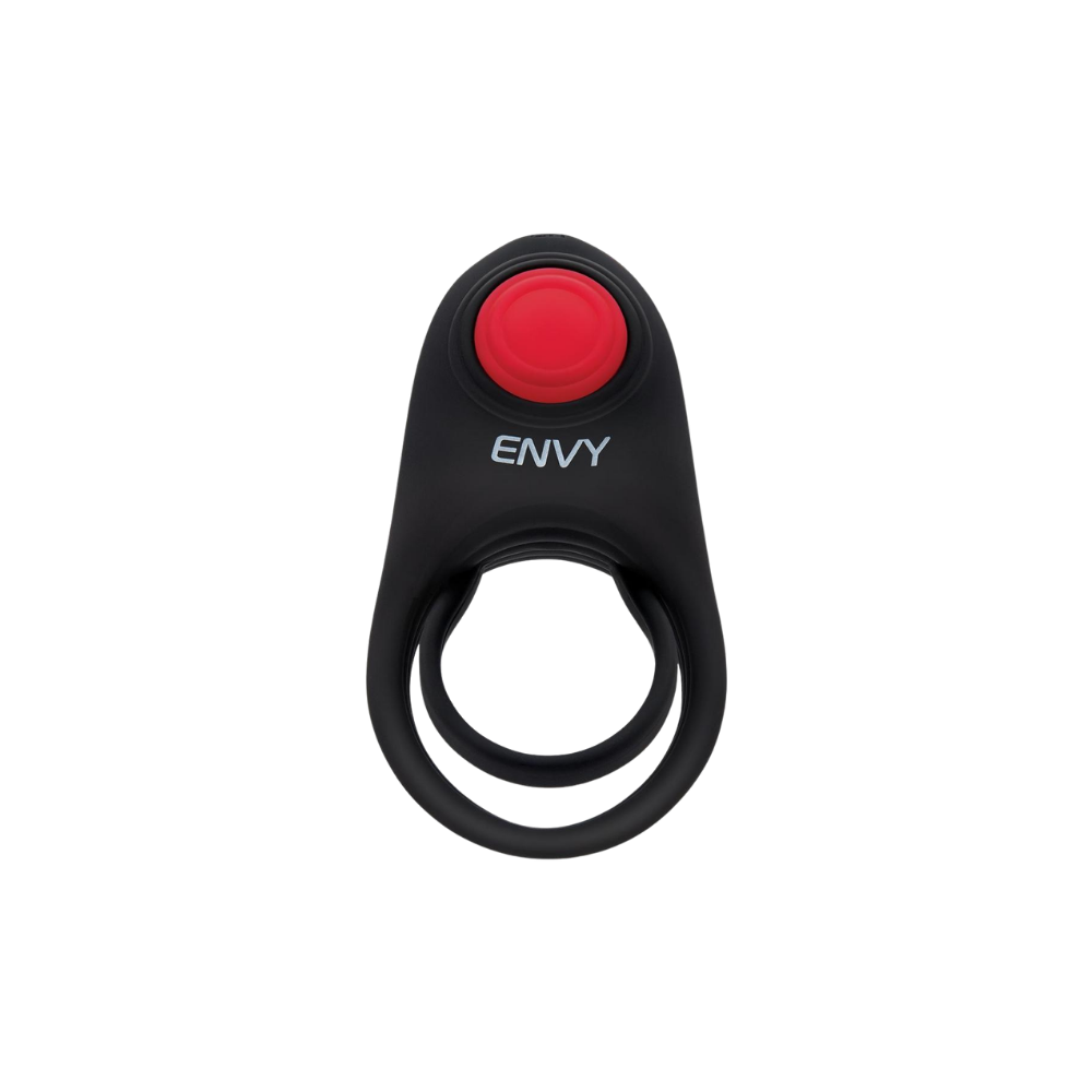 Envy Bullseye dual stamina ring front view showing matte black silicone body Envy logo red circular power button and dual ring design on white background