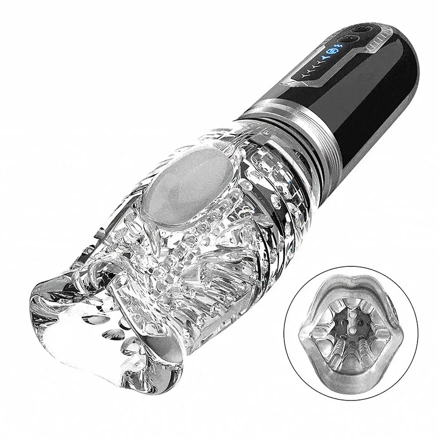 The Male Rose 3 masturbator close-up showing clear textured sleeve with oral stimulation opening and inset detail of interior texture with black electronic handle