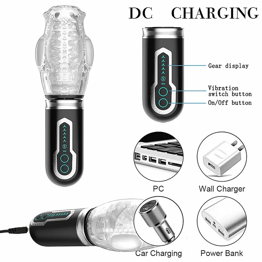 The Male Rose 3 masturbator DC charging diagram showing gear display, vibration switch button and on/off button controls, compatible with PC, wall charger, car charging and power bank