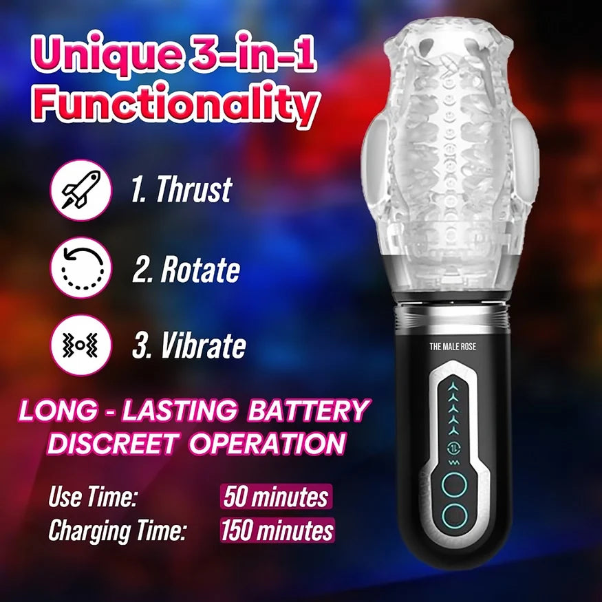 The Male Rose 3 masturbator unique 3-in-1 functionality showing thrust, rotate and vibrate modes with 50 minute use time, 150 minute charging time, long-lasting battery and discreet operation