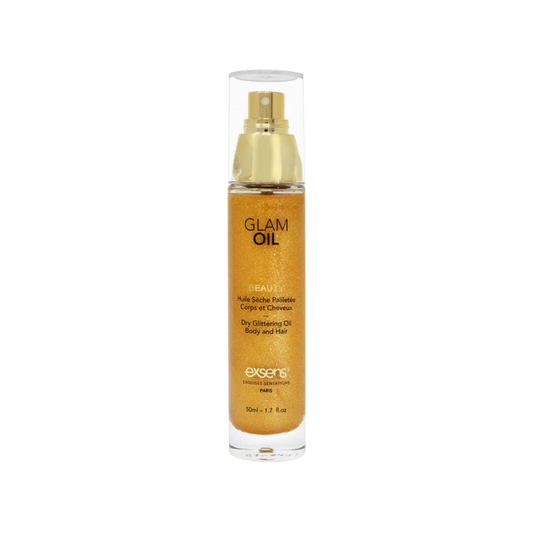 Glam Oil bottle with gold spray nozzle on a white background