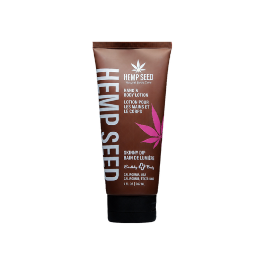 A squeeze tube of Earthly Body Hemp Seed Hand & Body Lotion on a plain white background. The tube is dark brown with white text, and a black cap. Skinny Dip Scent