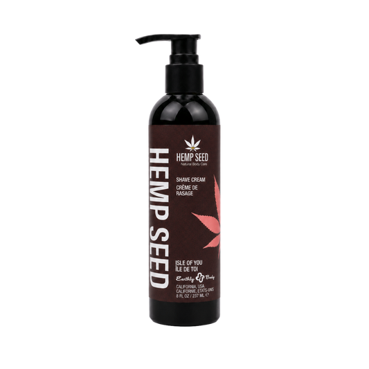 A black pump bottle of Hemp Seed Shave Cream on a solid white background.