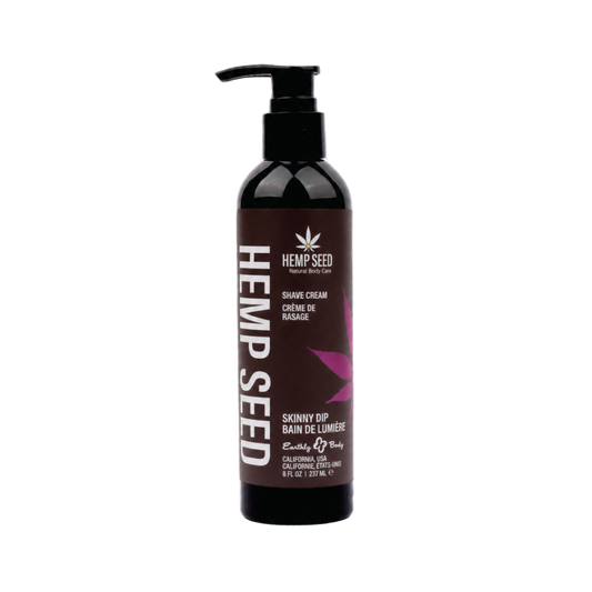 Hemp Seed Skinny Dip Body Wash dark brown pump bottle with white and pink label on white background