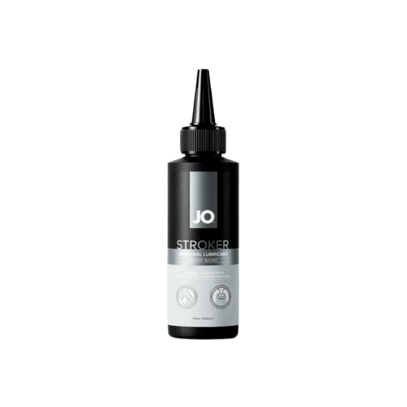 JO Stroker Personal Lubricant water-based 4oz black bottle with twist-top applicator on white background