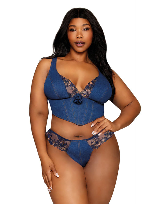 Stretch Denim Cropped Bustier and Matching G-string Set with Embroidery Lace Details