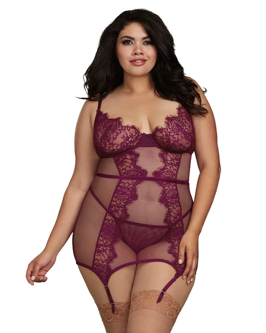 Fishnet and Eyelash Lace Garter Slip with Matching G-String