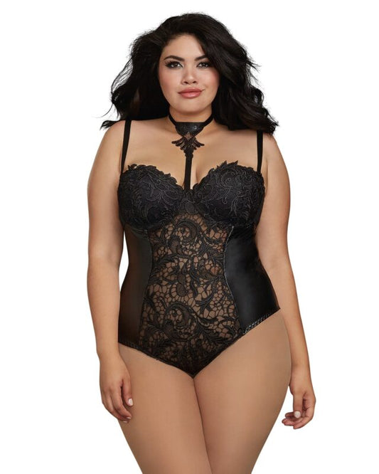 Venise Lace and Faux-Leather Collared Teddy