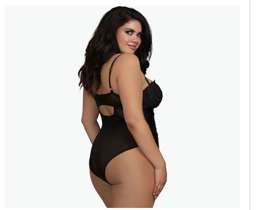 Venise Lace & Faux-Leather Collared Teddy Bodysuit